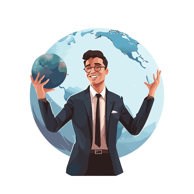 Уверенный молодой бизнесмен держит в руках весь мир земной шар