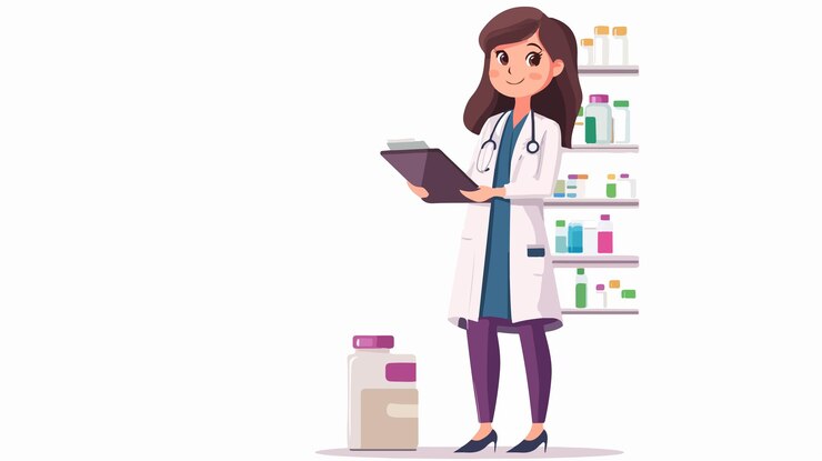 Vector confident young pharmacist woman standing in pharmacy concept