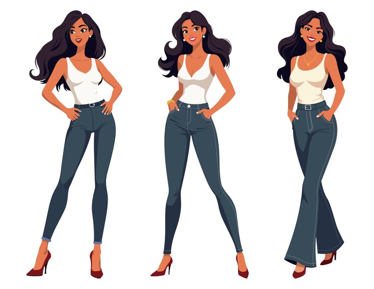 Vector confident young woman cartoon illustration set in casual outfit