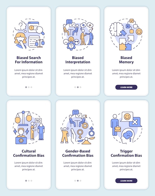 Confirmation bias in psychology onboarding mobile app screen set
