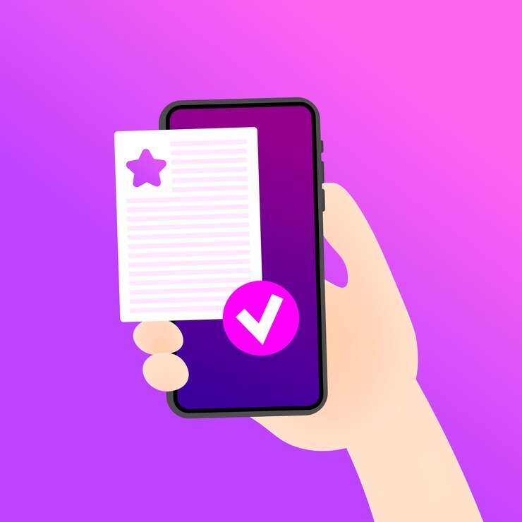 Vector confirmed document on the phone screen flat purple phone in hand template confirmed document check mark icon vector illustration