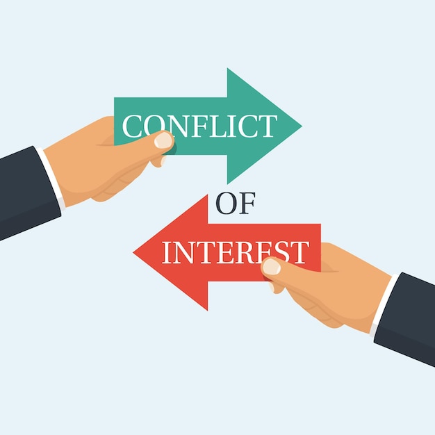 Conflict of interest Business concept Two businessmen keep the arrows red and green against each other Vector illustration flat design Isolated on white Rivalry metaphor Competitiveness symbol