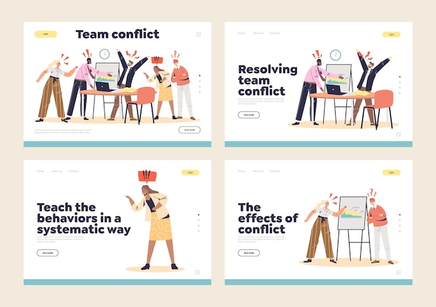Conflict management in business team concept of landing pages set with angry businesspeople arguing