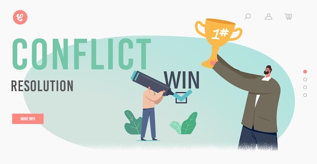 Conflict resolution landing page template. business win win benefit. happy businessman characters rejoice with golden cup in hand, man signing win win contract. cartoon people vector illustration