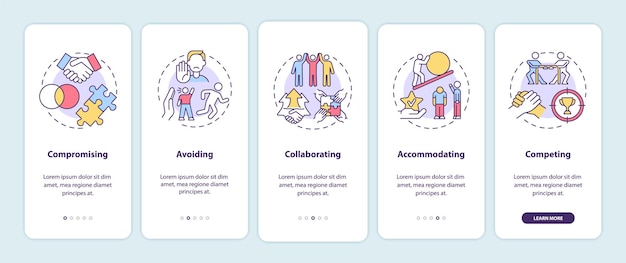 충돌 해결 전략 온보딩 모바일 앱 페이지 화면. 작업 관계 연습 개념이 포함된 5단계 그래픽 지침. 선형 컬러 일러스트레이션이 있는 UI, UX, GUI 벡터 템플릿