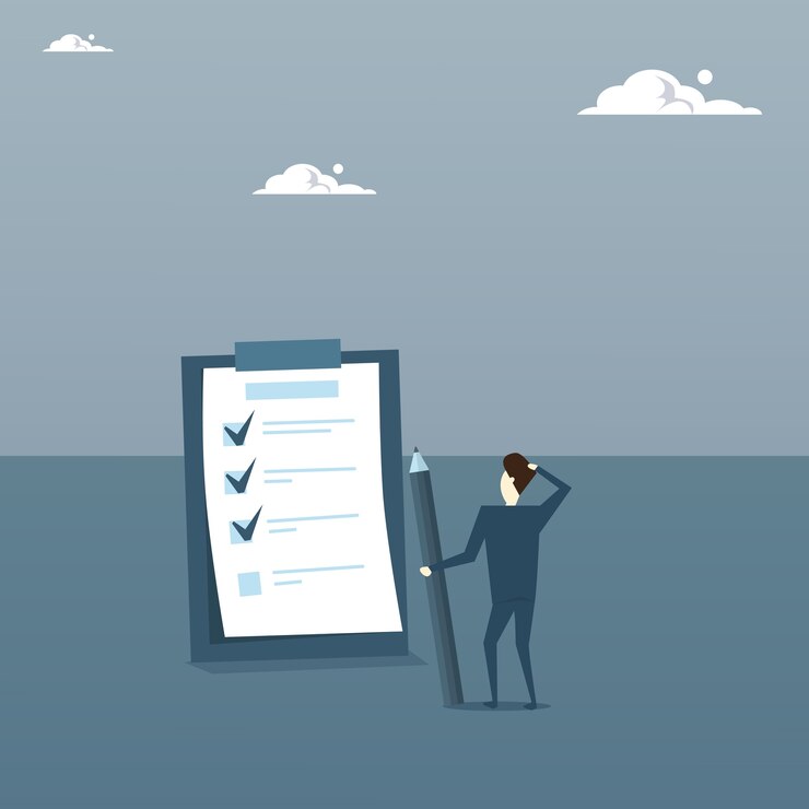 Vector confused business man standing back looking at check list