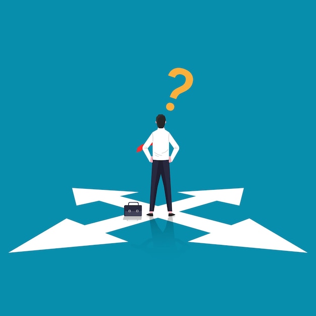 Confused businessman standing at cross road symbol. Business choice  illustration.