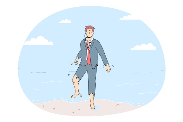 Confused businessman in torn suit walk out of ocean