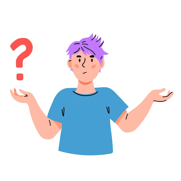 Confused child looking for answer to question Thinking smart school boy with question mark