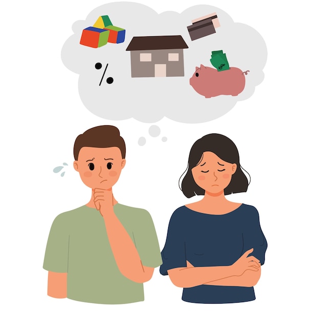 Vector confused couple thinking about life and saving money parents illustration