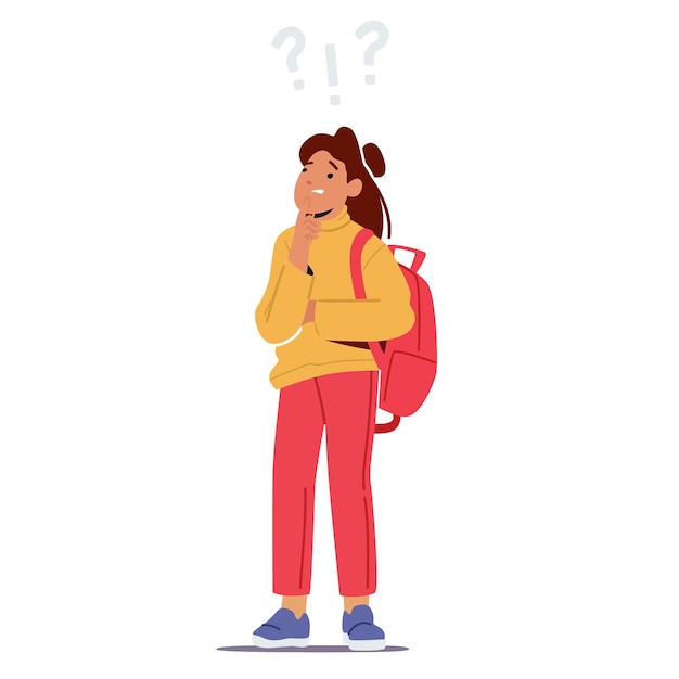 Vector confused or curious schoolgirl character stand under question and exclamation marks. girl asking and thinking, solving problem searching solution. kid doubts and confusion. cartoon vector illustration