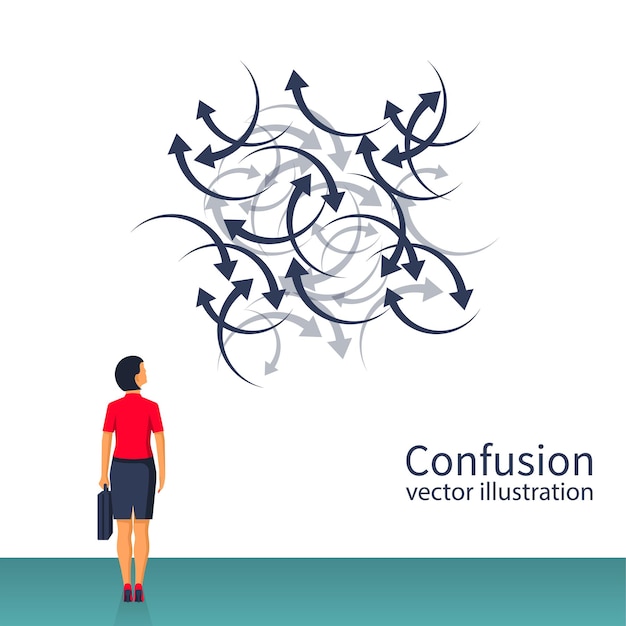 Vector confused direction. confusion concept. vector illustration flat design. isolated on white background. businesswoman faces a lot of arrows, road signs. problem way.