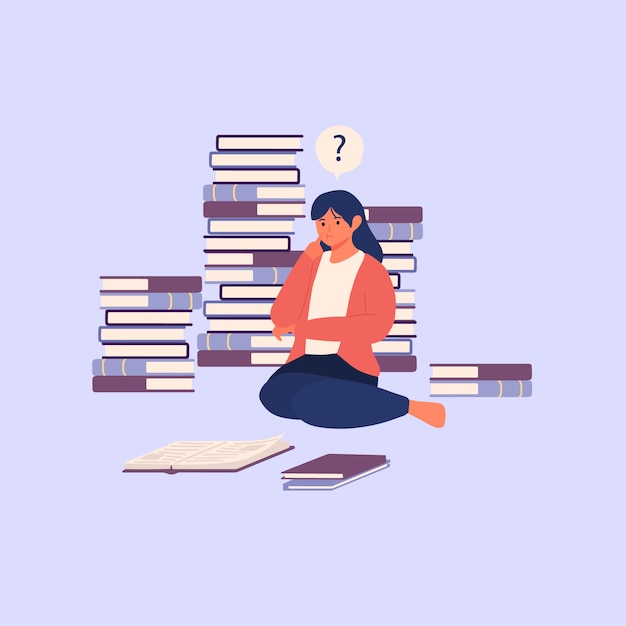 Vector confused and displeased girl woman reading book and has a questions human character illustration