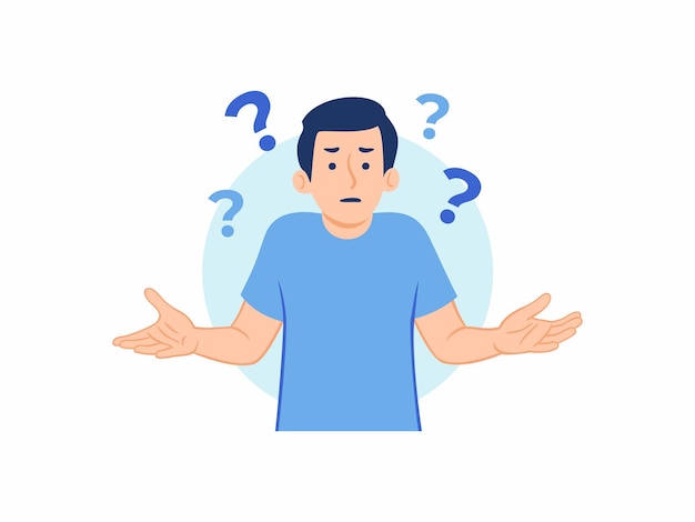 Vector confused doubtful clueless man raising hands and arms questioning showing i have no idea i dont know gesture concept illustration