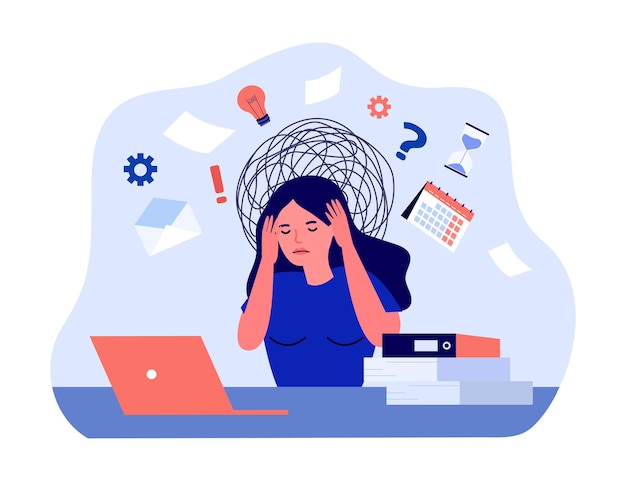 Vector confused female employee with chaos in head. frustrated overworked woman with work problem flat vector illustration. burnout, neurosis, stress, concept for banner, website design or landing web page