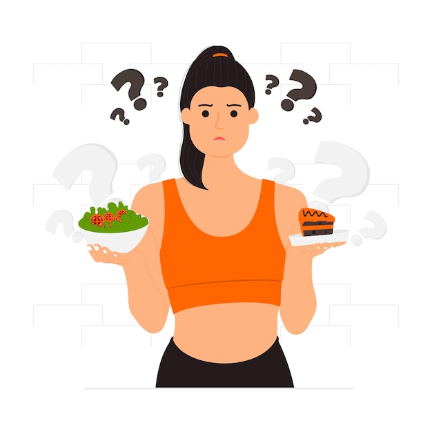 Vector confused girl choosing food for diet illustration