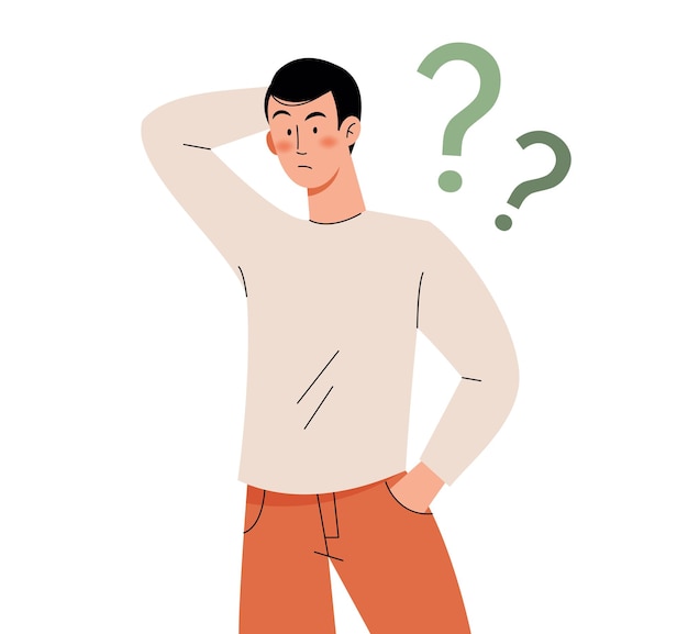 Vector confused guy with question marks isolated flat character on a white background