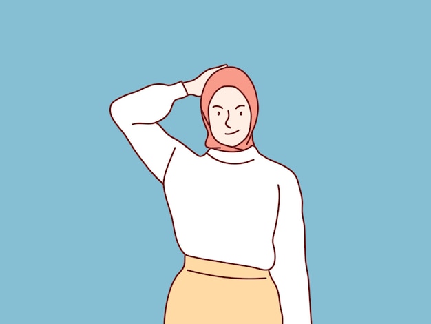 Donna musulmana hijab confusa che si gratta la testa semplice illustrazione in stile coreano