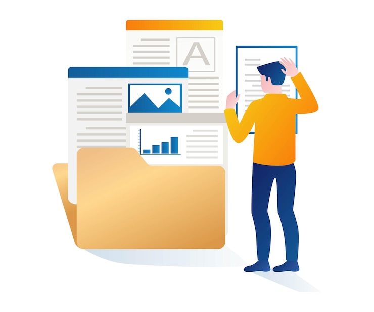 Vector confused man choosing data in folder