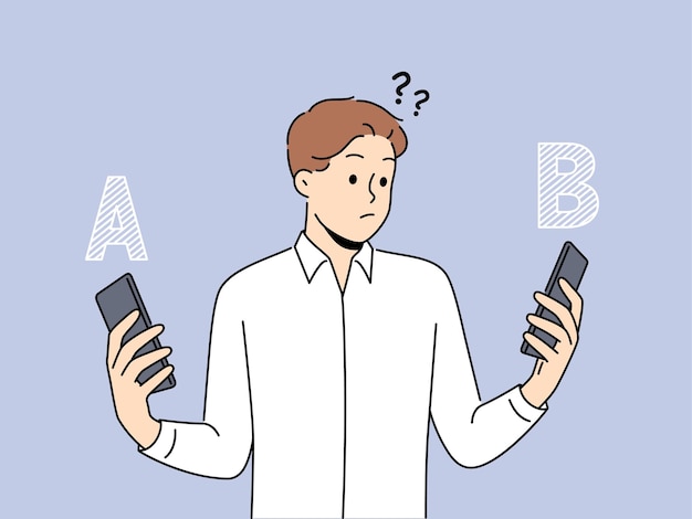 Confused man compare different smartphones