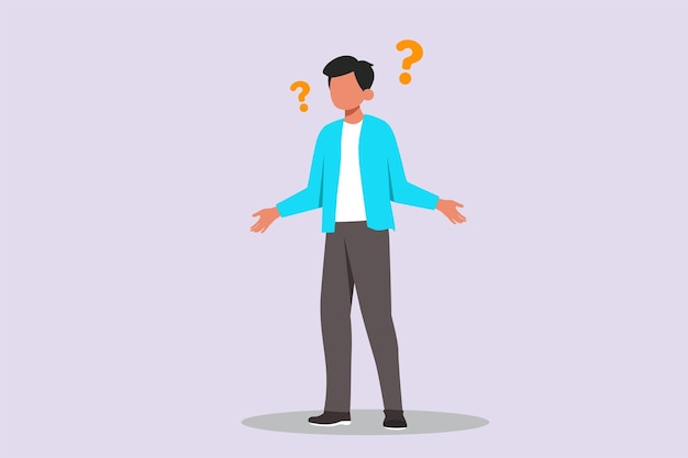 Confused man in doubts and thoughts concept Colored flat vector illustration isolated