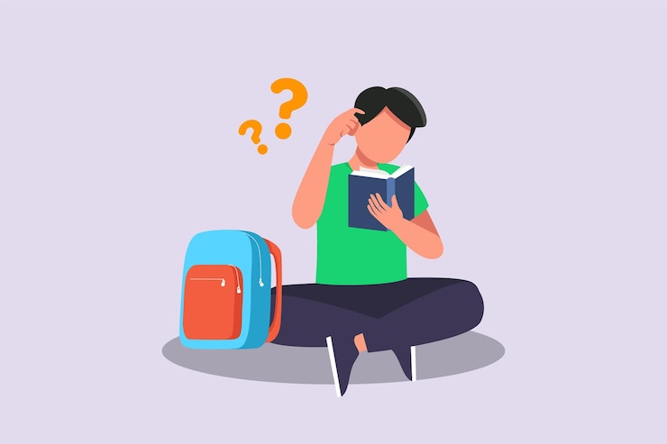 Vector confused man in doubts and thoughts concept colored flat vector illustration isolated