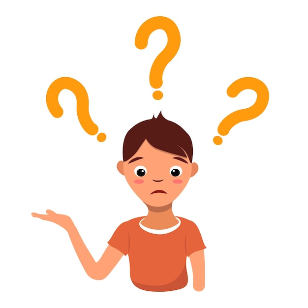Vector confused man face simple flat vector illustration of question dilemma problem concept isolated on white cartoon character business asking analysis mark