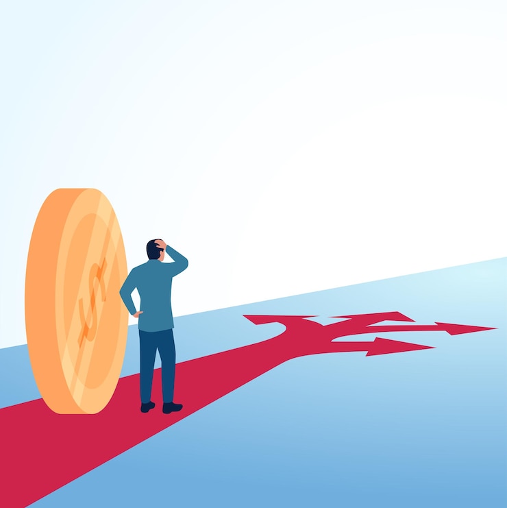 Vector a confused man looking at a forked road with money illustration for financial management financial planning and arrangement