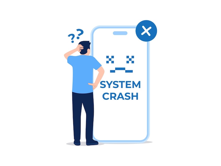 Vector confused man scratching head faulty phone need repair system crash error malfunction stopped working
