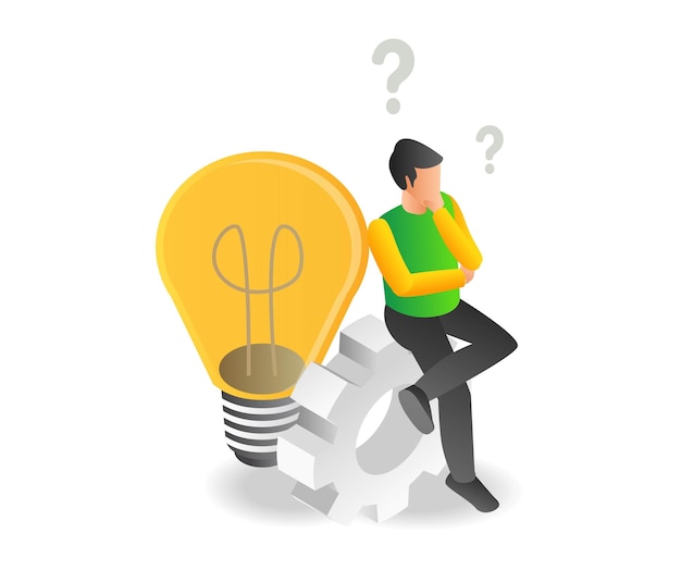 Vector confused man sitting at idea lamp