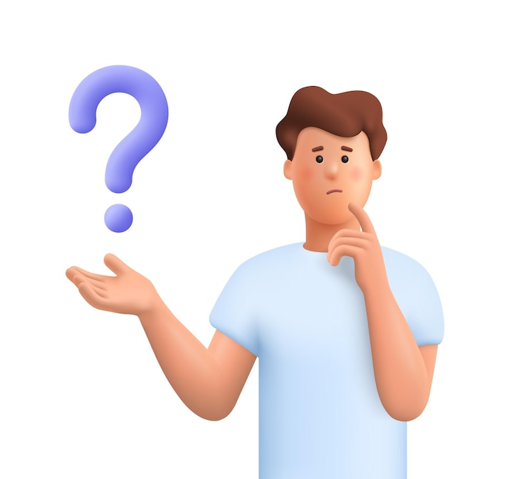 Vector confused man thinking in a thoughtful pose with question mark 3d vector people character