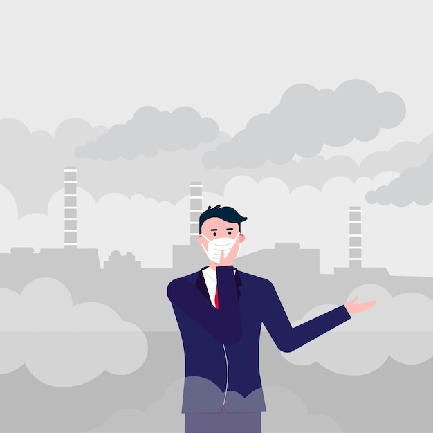 Confused man wearing mask against smog Fine dust air pollution industrial smog protection concept