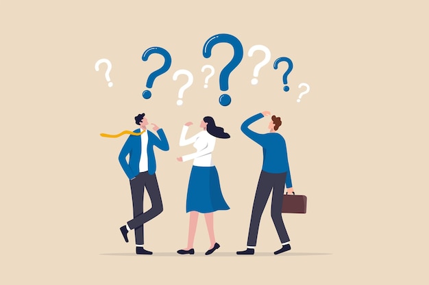 Confused people with confusion problem or doubt lost in trouble or complexity complicated questions or misunderstanding concept businessman and businesswoman with many of confused question marks