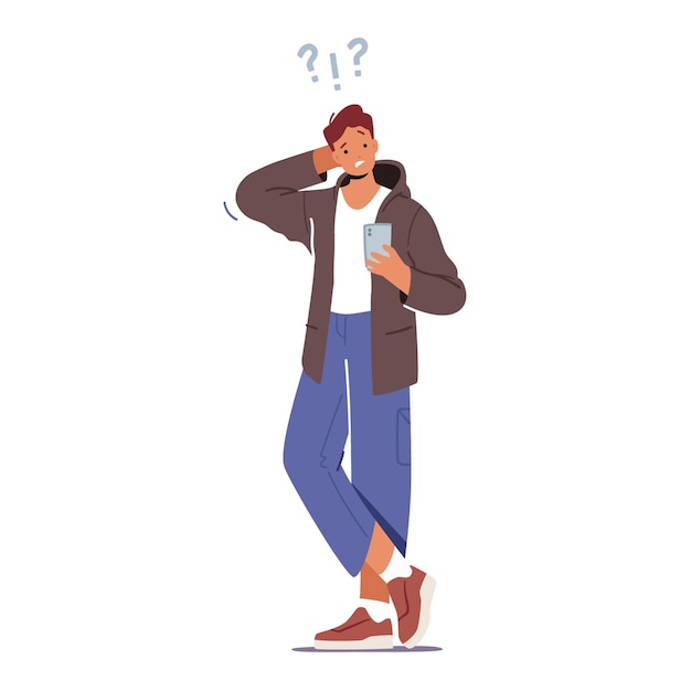 Confused Teenager Student Male Character with Smartphone