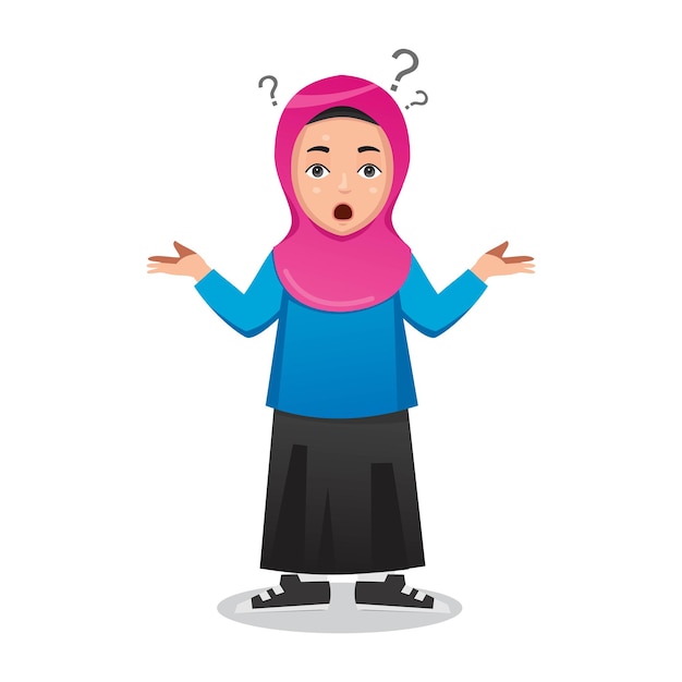 Vector confused and thinking hijab girl illustration with question mark