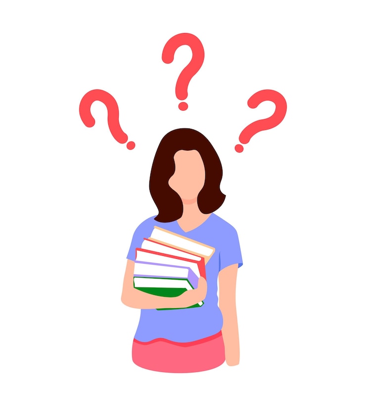 Vector confused woman face simple flat vector illustration of question dilemma problem concept isolated on white cartoon character business asking analysis mark