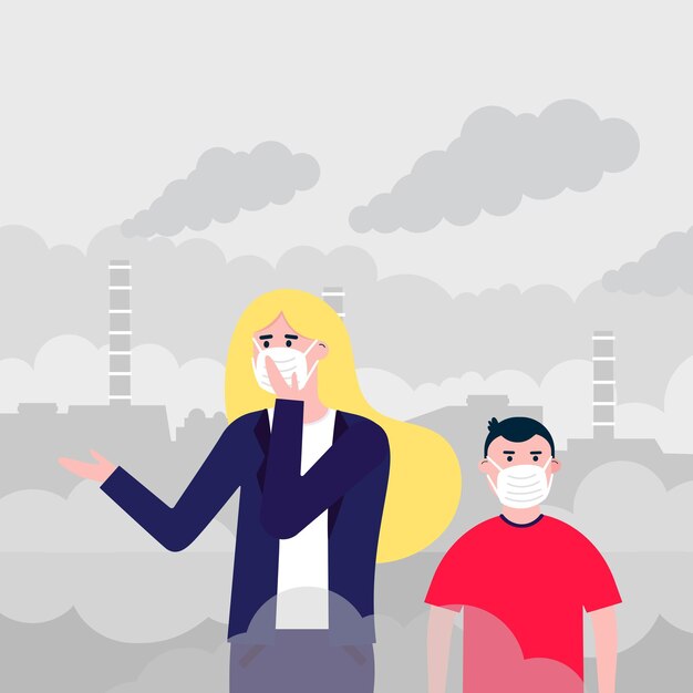 Vector confused woman and kid in masks against smog