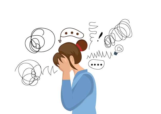 混乱した女性決定できない問題があり、代替案を考えるフラットスタイルの漫画イラストベクトル
