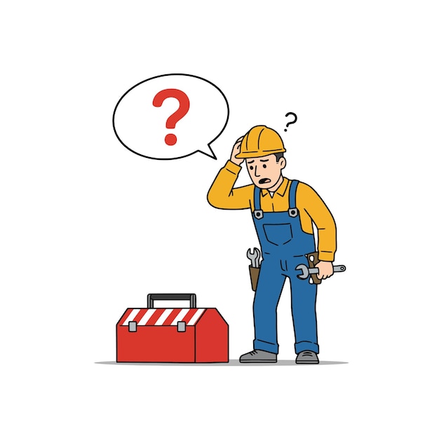 工具箱 を 持っ て いる 混乱 し た 労働 者 は 助け を 必要 と し て い ます