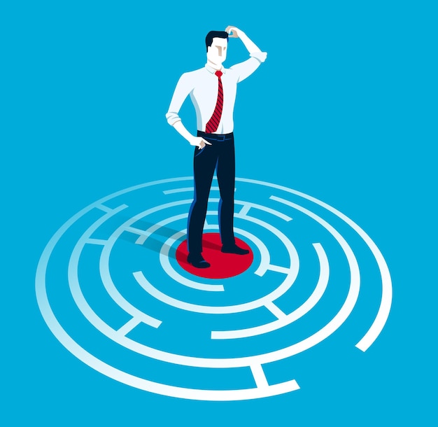 Confused young handsome businessman in the center of radial labyrinth trying to find way out vector illustration, business strategy, problem solution.