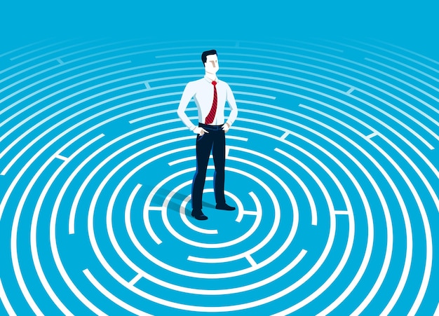 Confused young handsome businessman in the center of radial labyrinth trying to find way out vector illustration, business strategy, problem solution.