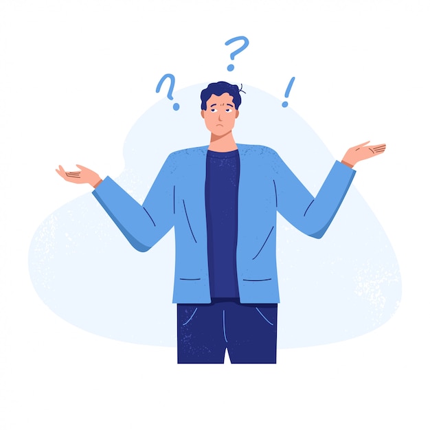 Vector confused young man shrugging shoulders,   illustration