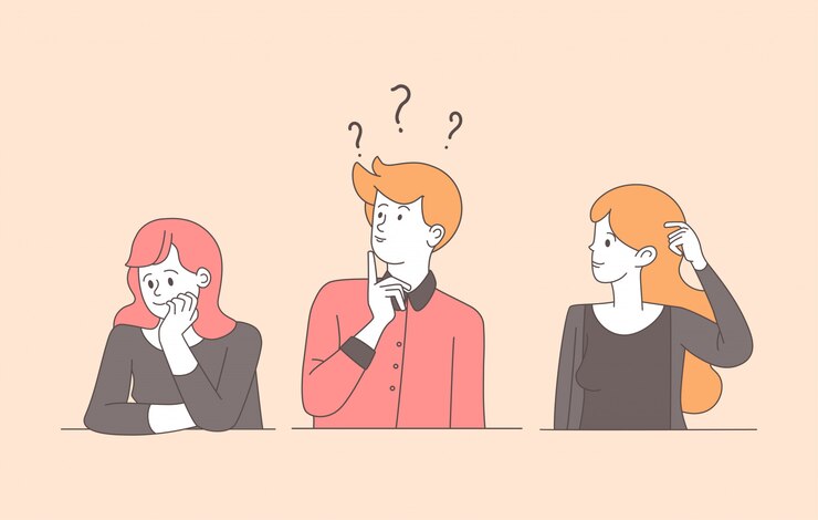 Vector 混乱している若者線形フラットイラスト。ガイ、問題を解決するかなり不確かな女の子は、孤立した輪郭文字を検索します。物思いにふける、困惑した女性と思慮深い表情の男性