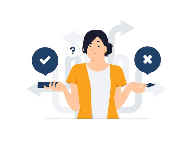 Vector confusing woman holding phone and credit card with question mark and think which way to success business decision making career path work direction dilemma choose undecided concept illustration