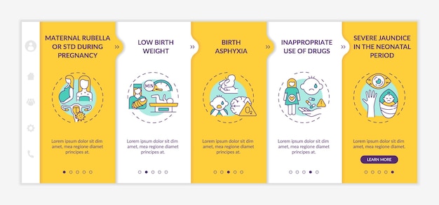 Congenital hearing loss factors onboarding vector template. Responsive mobile website with icons. Web page walkthrough 5 step screens. Maternal STD, large dose color concept with linear illustrations