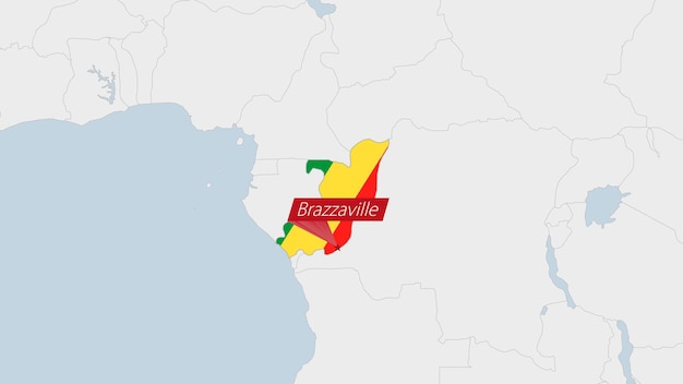 Congo map highlighted in congo flag colors and pin of country capital kinshasa