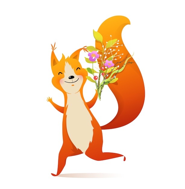 Vettore congratulandosi con un mazzo di fiori scoiattolo in esecuzione cartone animato
