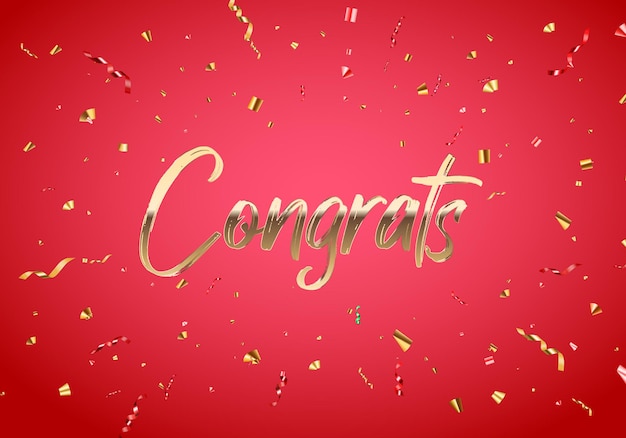 Vector congratulations banner design with confetti and glossy glitter ribbon