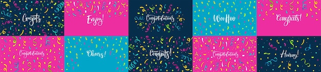 Congratulations banners Congrats lettering with confetti enjoy celebration poster and hooray card vector set