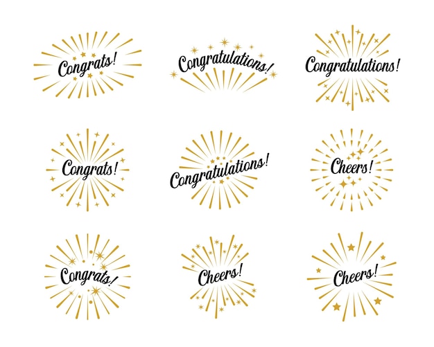 Vector congratulations calligraphy congrats lettering cheers labels greeting sign with golden sunburst